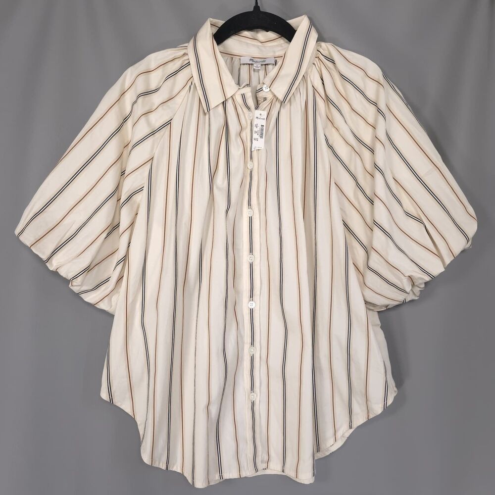 MADEWELL Women's New L Top Striped Shirred Bubble Sleeve Button Up Shirt NW060